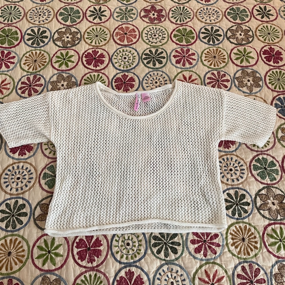 Confess Ivory Crochet Short Sleeve Acrylic Sweater, Size L